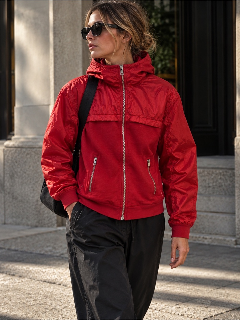 Authentic Prada Red Mixed Media Hooded Sport Jacket